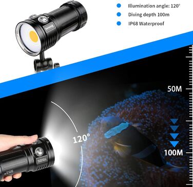 Підводний відеоліхтар L12 7500 люменів - Професійний відеоліхтар для дайвінгу з CRI 90, білим світлом 6000K, акумуляторний USB-C, для дайвінгу/підводної фотозйомки (водонепроникність IP68, глибина занурення 100 м) Знімний акумулятор (заряджання через USB-
