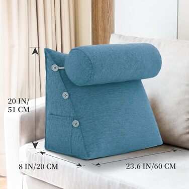 Клиноподібна подушка для читання для ліжка, регульована декоративна подушка для читання, трикутна подушка, клиноподібна подушка для дивана для поперекового відділу хребта, подушка для підтримки шиї та спини зі знімним лляним чохлом, синя, 60 см