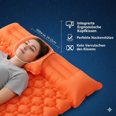 Килимок для сну для 2 осіб, надувний матрац для кемпінгу товщиною 10 см з вбудованим ножним насосом та подушкою, надлегкий килимок для сну 195x130 см, надувний матрац для намету, походів, пляжу та подорожей