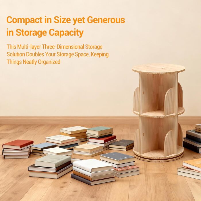 Рівнева обертова книжкова полиця з масиву дерева - Полиця на 360 - Підлогова книжкова полиця - Багатофункціональна книжкова полиця - Полиця для зберігання для дітей та дорослих, Ø39 см, В67 см, 2-