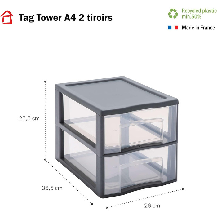 Пластикова коробка з шухлядами, сіра, 2 прозорі шухляди для паперу А4, висота 25,5 см, штабелюються, ідеально підходить для столу, класу, документів, аксесуарів А4 / 2 шухляди