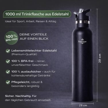 Пляшка для води Bakhtiar з подвійними стінками з нержавіючої сталі - Преміальна ізольована пляшка для гарячих та холодних напоїв - Спортивна пляшка з двома кришками - Підходить для газованих напоїв (Чорна, 1000 мл) Чорна 1000 мл