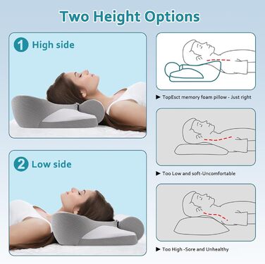 Подушка TopEsct з піни з ефектом пам&39яті, подушка для сну на боці, подушка для шиї та подушка для голови для сну на боці та спині (сіра)
