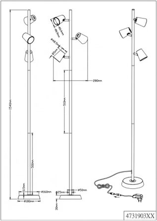 Стійка LED-лампа Trio Texel 474410179, 15 Вт, з димером, чорний/золотий, 25 x 25 x 142.5 см