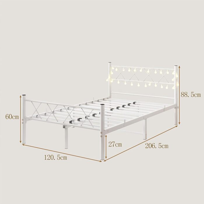 Каркас ліжка HOJINLINERO 120x200 з підсвічуванням, Ліжко 120x200 з рейковою основою, Металевий каркас ліжка, Металеве двоспальне ліжко, Гостьове ліжко, Дитяче ліжко з місцем для зберігання під ліжком для спальні, Біле
