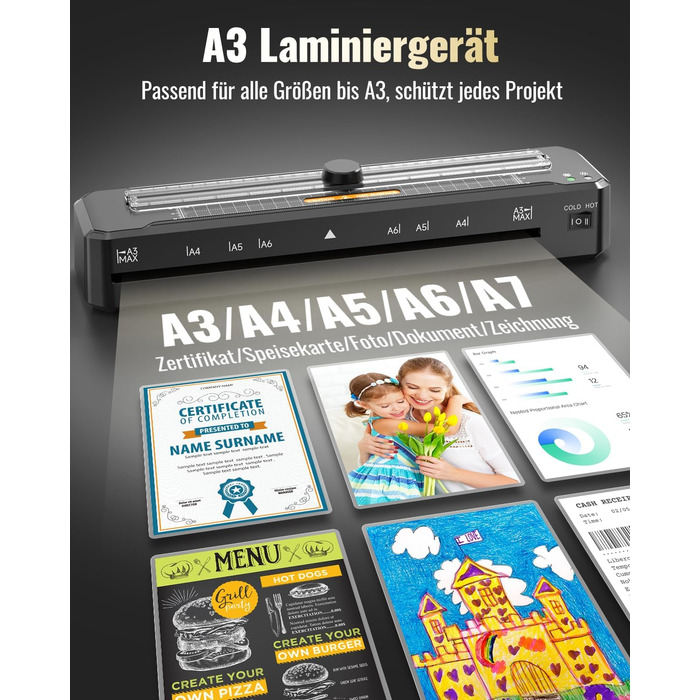 Ламінатор для паперу формату A3, A4, A5, A6 та A7 з різаком для паперу Закруглені кути Ламінувальні пакети на 15 аркушів, захист від застрягання з ABS-пластику Робота в гарячому та холодному режимі Розумний захист Ламінатори для дому, школи та офісу Чорни