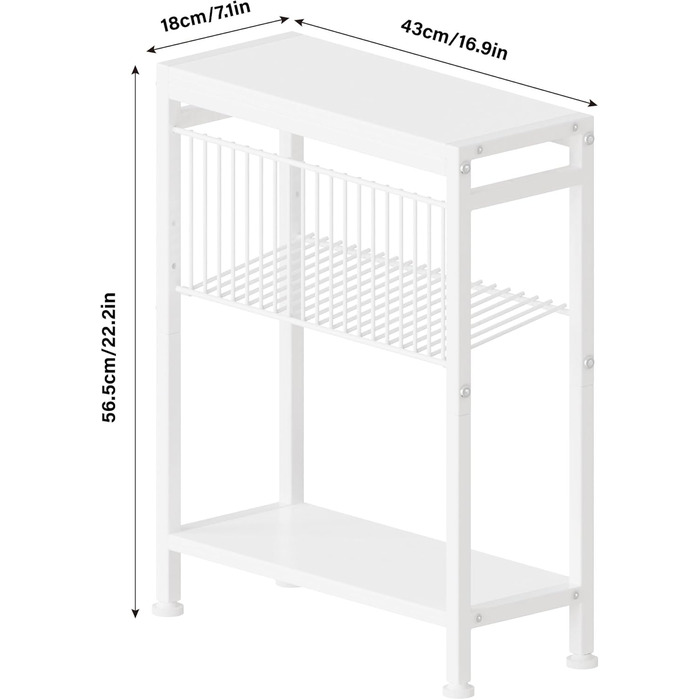 Вузький журнальний столик, маленький журнальний столик з 3 полицями, стійка для журналів, журнальний столик для вузьких приміщень, дротяна сітка, маленька тумбочка для ліжка, для вітальні, спальні, білий