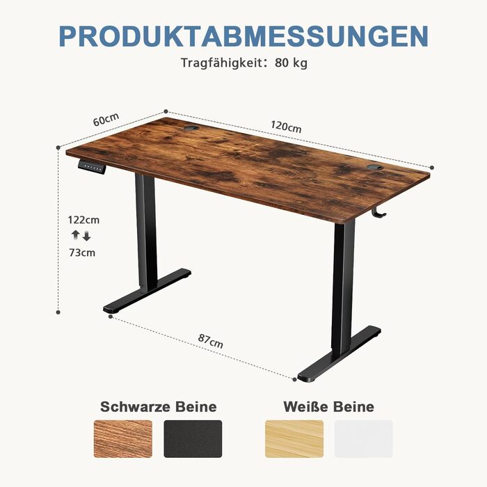 Стіл з регульованою висотою, ергономічний електричний стіл 120 x 60 см, стіл для роботи стоячи, стіл з регульованою висотою, офісний стіл, підходить для офісів, дому та інших місць (коричневий) 4824-brown