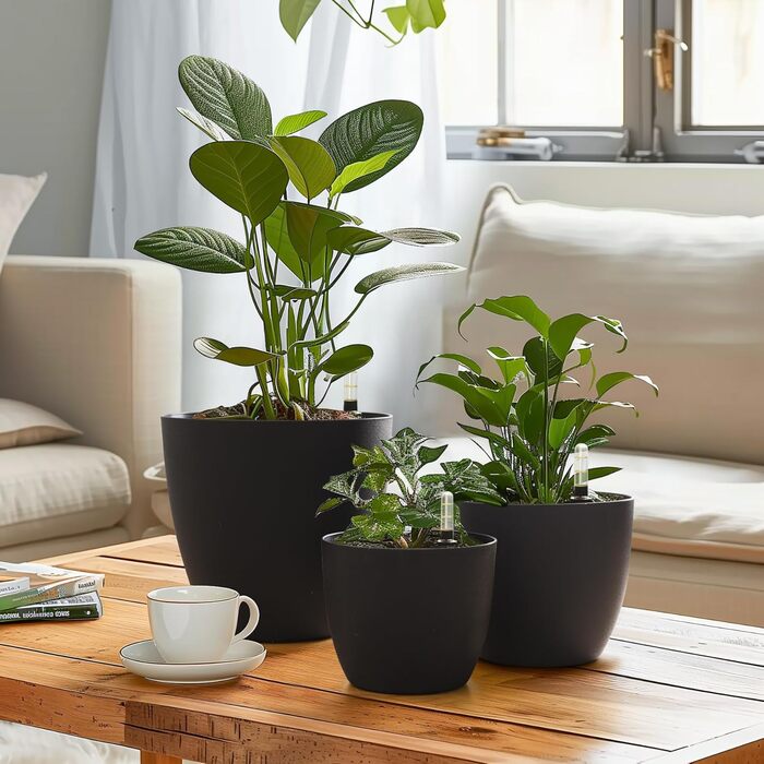 Квітковий горщик 15 см з самополивом та індикатором води, чорний, набір з 4 шт. , Самополивний кашпо/горщик з резервуаром для води для використання в приміщенні та на вулиці, чорний, 15,5*13 см, 4U
