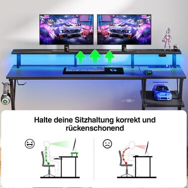 Ігровий стіл SEVEN WARRIOR зі світлодіодним освітленням та розетками, комп&39ютерний стіл 140 см з підставкою для монітора та підставкою для процесора, стіл з 2 гачками та підставкою для ніг, ідеально підходить для спальні або офісу, 140 x 47 x 87 см