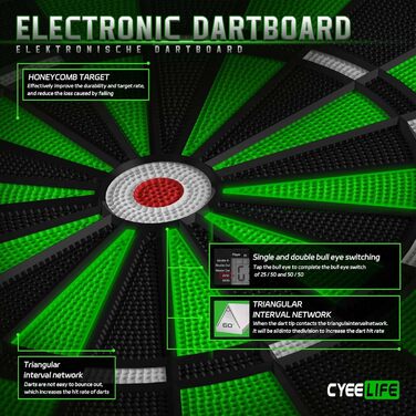 Електронна мішень для дартсу Cyeelife з німецьким голосом та РК-екраном включає 12 мяких дротиків, 24 крильця, 50 наконечників та USB-зарядний пристрій стандартна мішень для дартсу
