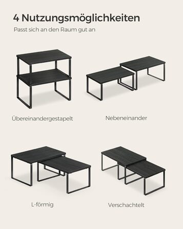 Стійка для спецій, Набір з 4 шт. , Кухонна полиця, Кухонний органайзер, Розширювана, Тримач для спецій, що штабелюється, з металевою рамкою, 19,5 x 29,7 x 15,8 см, Чорнило-чорний колір KCS027B01 Чорнило-чорний Чорне дерево 29,7B см