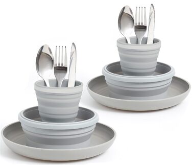 Набір столових приборів для кемпінгу, тарілки, миски, чашки для 2 осіб, складний портативний набір кемпінгових тарілок і мисок, набори кемпінгового посуду для кемпінгу, подорожей та активного відпочинку, сірий, 2 особи