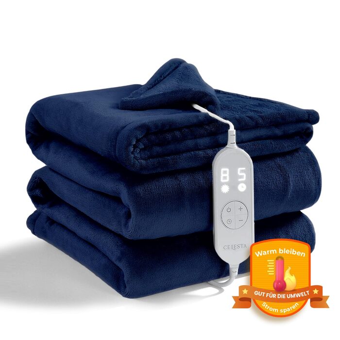 Фланелева ковдра з підігрівом CELESTA з автоматичним вимкненням, 180 x 130 см, 9 налаштувань температури, таймер 1-9 годин, автоматичне вимкнення, ковдра з підігрівом, можна прати в пральній машині - для дивана, ліжка та офісу, темно-синій, темно-синя фла