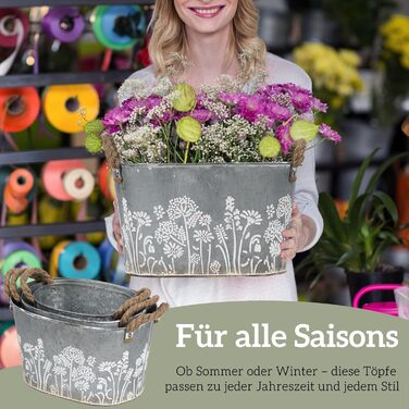 Набір вінтажних вуличних квіткових горщиків, 3 предмети, оцинковані металеві горщики для рослин з мотузковими ручками, відра для квітів/горщики для трав для кухні, балкону та саду, 19/22,5/26 см