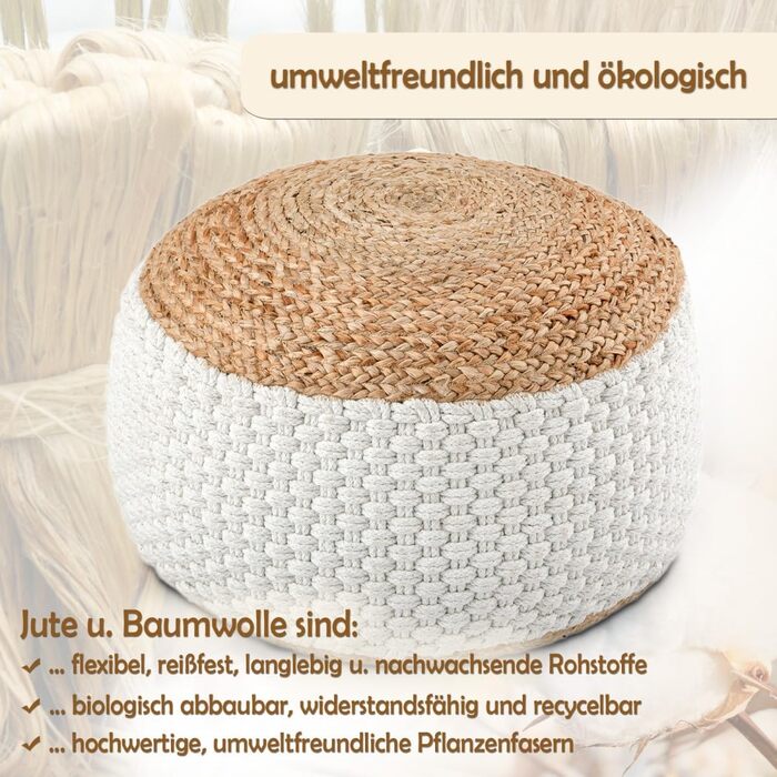 Пуф з натурального/білого джуту, круглий, 50 x В 35 см, декоративний табурет, подушка на підлогу, пуф для ніг, білий/натуральний джут