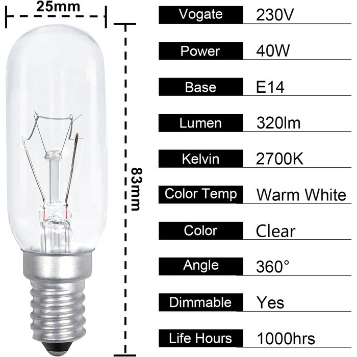 Лампа для витяжки Comyan E14 40 Вт, лампа для витяжки SES 320 лм T25 Теплий білий світло 2700K Лампа з можливістю затемнення для витяжки - 4 шт.