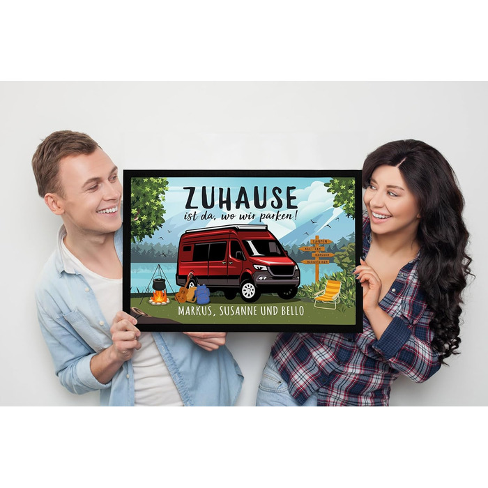 Персоналізований килимок для дверей з іменем для родини з кемпера - Дім там, де ми паркуємося - нековзний та миється - чорний - 60x40 см