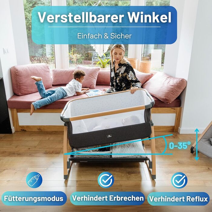 Дитяче ліжечко DROMADER 3-в-1 - Дитяче ліжечко, шезлонг, дорожнє ліжечко з матрацом, 0-6 місяців, макс. 9 кг - Колиска з 7 регулюваннями висоти, функція гойдання, дихаюча сітка - сумка для перенесення