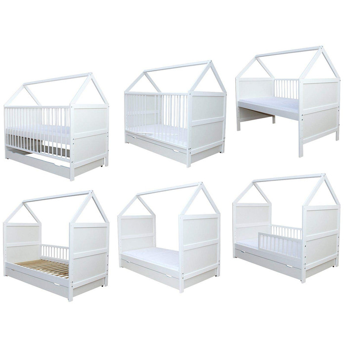 Дитяче ліжко Micoland, дитяче ліжко, дитяче ліжко, ліжко-будинок 140x70 см, опціонально з матрацом та шухлядою, трансформоване, масив дерева, біле, до 6 років (ліжко з матрацом та шухлядою)