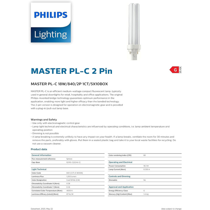 Енергозберігаюча лампа 150 мм, 10 шт., Philips MASTER PL-C 18W/840 G24d-2 2PIN (2-pin) Cold White 4000K