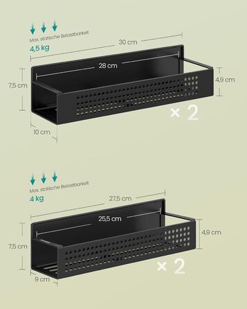 Магнітна полиця для спецій SONGMICS, набір з 4 шт. , 2 великі та 2 малі полиці, органайзер для спецій без свердління, магнітна полиця, для кухні, холодильника, мікрохвильової печі, пральної машини, чорний колір KCS061B01, легована сталь чорного кольору