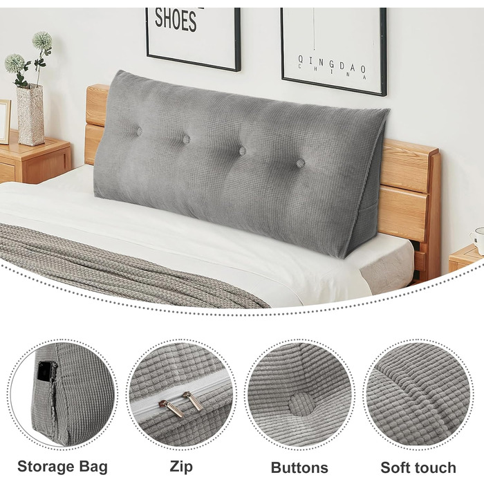 Подушка для спини OHMG 120/140/160/180/200 см, клиноподібна подушка, підходить для ліжка та дивана, трикутна подушка для читання, подушка зі знімним чохлом, який можна прати, з практичною бічною кишенею, подушка для сидіння, настінна подушка 120*50*20 см 