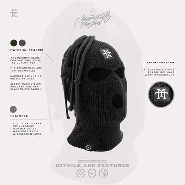 Балаклава Manufaktur13 Dread - лижна маска з 3 отворами та дредами, лижна маска різних кольорів, багатофункціональна маска, еластична/розтяжна, в&39язана, один розмір, чорна