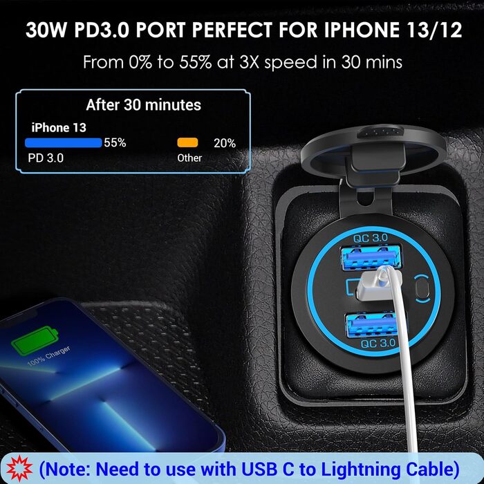 Вт) 12 В USB C розетка установка PD3.0 тип C USB розетка Водонепроникний 12 вольт автомобільна розетка прикурювач адаптер з 3 з'єд