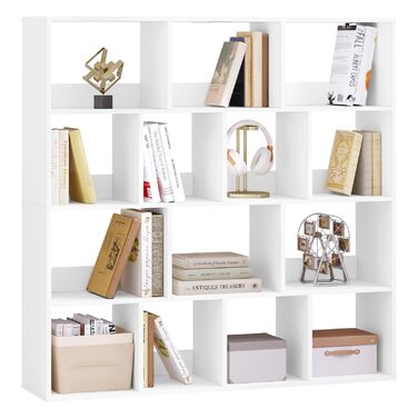 Книжкова полиця eSituro, окремостояча полиця з 14 відділеннями, кубічна полиця, полиця для зберігання, офісна полиця, відкрита полиця для вітальні, кабінету, офісу, компактна, 120x120x30 см, білий