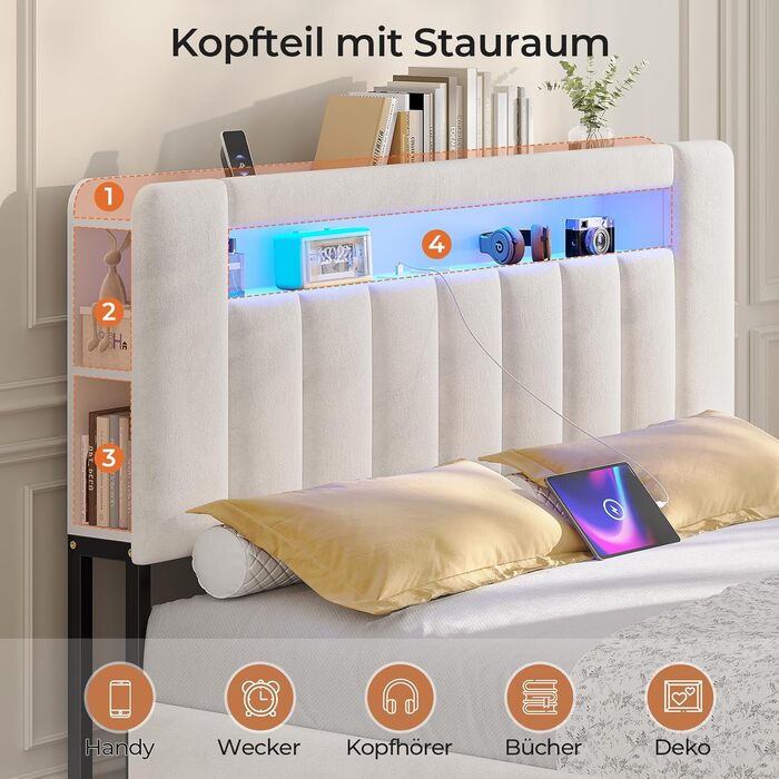 М&39яке ліжко 140x200 см з місцем для зберігання - 4 шухляди, Дитяче ліжко зі світлодіодним освітленням та зарядною станцією, Двоспальне ліжко з оксамитовим узголів&39ям, Ліжко 140x200 з рейковим каркасом - Матрац не входить до комплекту, Бежевий оксамит 