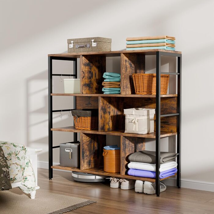 Книжкова полиця ELUCHANG, окремостояча полиця з 8 відділеннями, 3-рівнева полиця з безкоштовними гачками, для вітальні, спальні, кабінету, кухні, 30x94x95 см, вінтажний коричнево-чорний