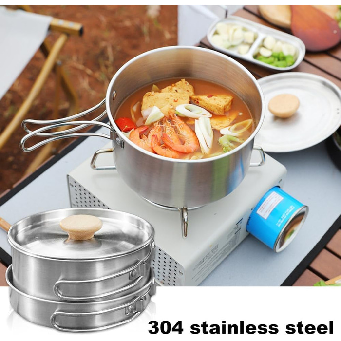 Набір посуду для кемпінгу з нержавіючої сталі каструля з кришкою та складаною ручкою, портативний посуд для туризму, походів, риболовлі та пікніків