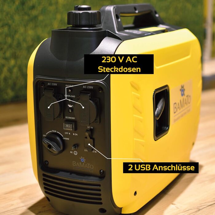 Інверторний генератор BAMATO BGE-2000I 2000 Вт Інверторна технологія 64,1 дБ(A) Дві розетки змінного струму 230 В та два USB-порти для швидкої зарядки 2,1 А