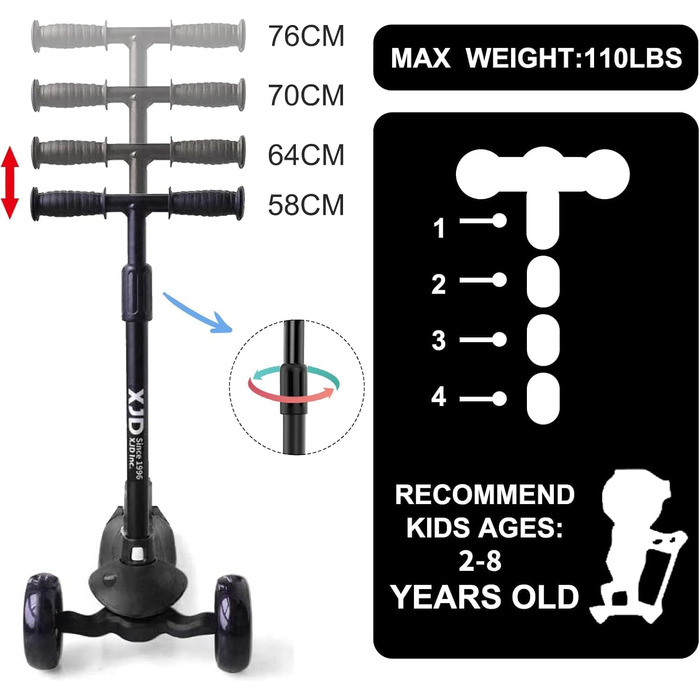 Дитячий самокат XJD для 2-8 років, дитячий самокат дитячий самокат з 3 світлодіодними колесами, 4 регульованими по висоті міськими