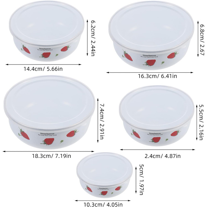 Набір емальованих мисок HOMSFOU з 5 предметів з кришками, мисками для зберігання продуктів та салатницями, 10-18 см, штабелюється, гладка поверхня, універсальний для пасти, супу, фруктів та рису, щоденне використання