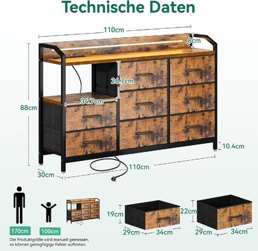 Комод ODK, шафа з шухлядами та світлодіодною стрічкою (10 регульованих кольорів), 2 розетки USB та 2 розетки змінного струму, 8 тканинних шухляд, комод для вітальні/спальні, 110*30*88 см, вінтажний