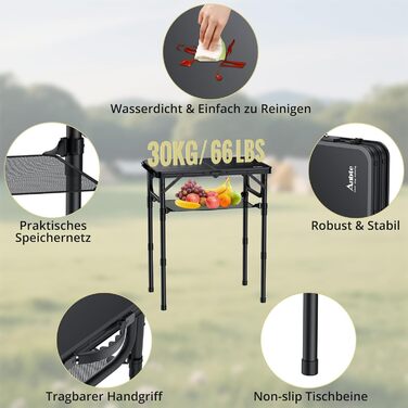 Складаний кемпінговий стіл Anbte 60x40 см, алюмінієва рама, 3 регульовані по висоті 26/48/70 см, стіл-валіза з сіткою для зберігання, портативний стіл для пікніка для кемпінгу, пляжу, балкону (повністю чорний)