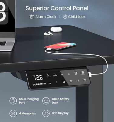 Електричний стіл MAIDeSITe з регульованою висотою, 2 потужними двигунами, регульованою висотою рамою столу з 2-секційними ніжками, 4 налаштуваннями пам&39яті та функцією захисту від зіткнень (чорний) 72-120 см Чорний