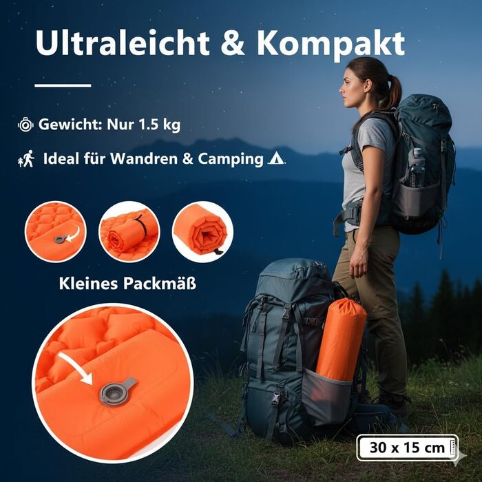 Килимок для сну для 2 осіб, надувний матрац для кемпінгу товщиною 10 см з вбудованим ножним насосом та подушкою, надлегкий килимок для сну 195x130 см, надувний матрац для намету, походів, пляжу та подорожей