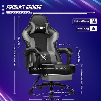 Ергономічне ігрове крісло з підставкою для ніг, ігрове офісне крісло з вантажопідйомністю 150 кг, ігрове крісло зі штучної шкіри, регульоване по висоті ігрове крісло для підлітків та дорослих, сірий колір