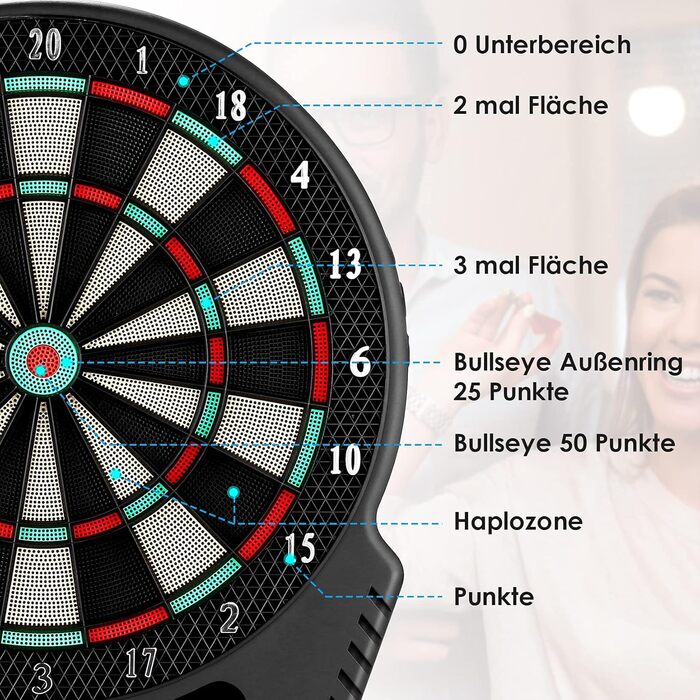 Електронна мішень для дартсу, професійна електронна гра в дартс з 6 дротиками та 24 головками для дротиків, 27 ігор, 243 варіанти гри, електронна мішень для дартсу з 4 РК-дисплеями, електронна мішень для дартсу на 16 гравців