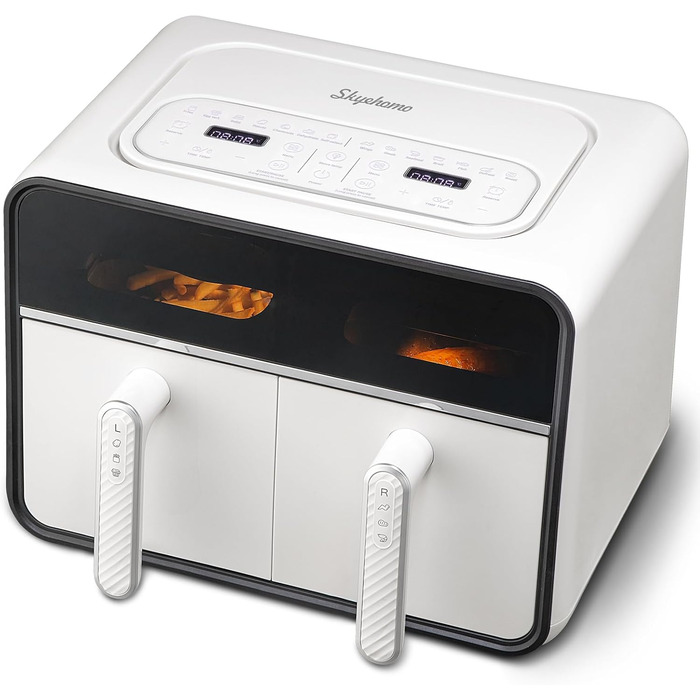 Двокамерна фритюрниця Skyehomo 2100 Вт, цифрова фритюрниця з подвійним кошиком із прозорим вікном, програми 14 в 1 і світлодіодний сенсорний екран, двокамерна фритюрниця без бісфенолу А майже без олії, резерв 24 години