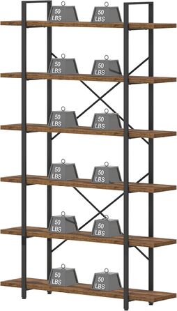 Дерев&39яна книжкова полиця HSH, 6-ярусна окремостояча полиця, промисловий дизайн офісної полиці, відкриті полиці для вітальні, офісу, спальні, кухні, рустикальний коричневий колір, 120 x 32 x 216 см, 6 ярусів