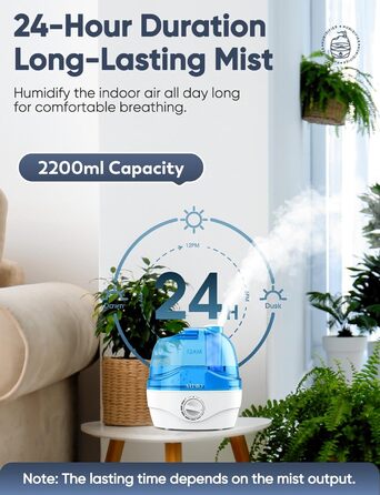Зволожувач повітря, Зволожувач повітря для спальні 2,2 л з насадкою, що обертається на 360, Тихий на 28 дБ, Автоматичне вимкнення