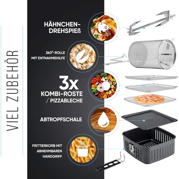 Фритюрниця Balter HL-1200, фритюрниця, 12 літрів, міні-духовка, функція дегідратора, РК-дисплей, 10 програм, включаючи брошуру з рецептами та аксесуари 12 літрів срібло