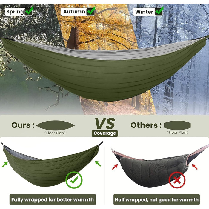 Гамак Overmont Underquilt TV Сертифіковані кемпінгові гамаки Вуличні спальні килимки Підковдра Зимовий спальний мішок ультралегкий, великий військовий зелений