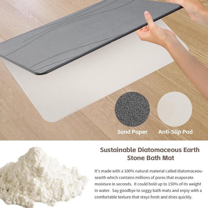 Килимок для ванни з каменю, діатомовий килимок для душу, швидковисихаючий килимок для душу, нековзний, абсорбуючий килимок для ванної кімнати, для підлоги у ванній кімнаті, кухонних стільниць, посуду, рослин або домашніх тварин, темно-сірий