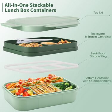 Ланчбокс для дорослих Sinnsally, 2000 мл, з роздільними відсіками, набір з контейнерами для бенто та столовими приборами, контейнер для перекусу, коробка для сніданку, герметичний контейнер для їжі, зелений
