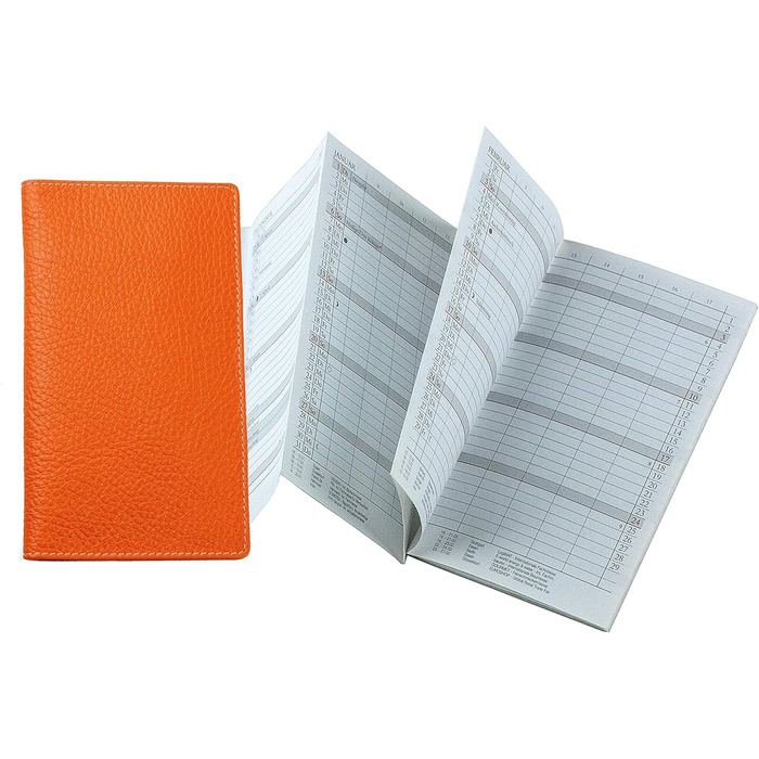 Персоналізований складаний календар 2024/2025 DIN A6 Soft Grain Leather Orange - Організатор Planner (1 місяць, 2 сторінки) Шкіряна обкладинка - Календар зустрічей Щомісячний огляд & Адресна книжка Small Orange Soft Grain